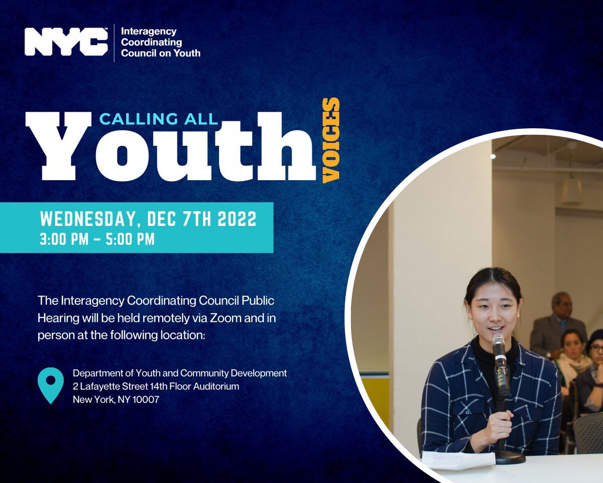 There is still time to register for today's Interagency Coordinating Council (ICC) public hearing. This hearing allows you to testify about services and program #NYCYouth needs. Learn more at bit.ly/2022_ICC.
