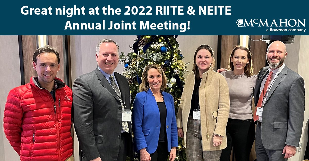 mcmahonassoc's tweet photo. The McMahon Team had a fantastic night at this week's RIITE and @NewEngland_ITE 2022 Annual Joint Meeting. Great job to our own Maureen Chlebek and Phil Viveiros for presenting and @buckstopahead as RIITE Chapter Secretary! #RIITE #NEITE https://t.co/0AAUoTbbWY