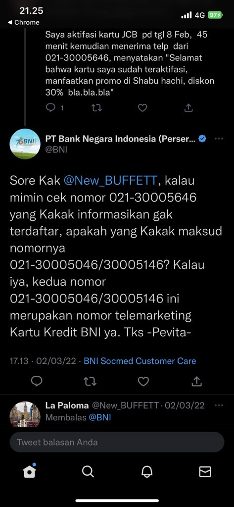 er_ronald's tweet photo. @BNICustomerCare @er7 Oh berarti yg disampaikan admin @BNI itu hoax ya min kl no 021-30005046 &amp; 02130005146 itu tele marketing bni?!! Jelas-jelas yg dihistory call saya yg telp dua no itu. Admin @BNI  &amp; @BNICustomerCare ga sinkron nih bun @iswara_waisnawa 🤣 https://t.co/lFTy0EnIR0