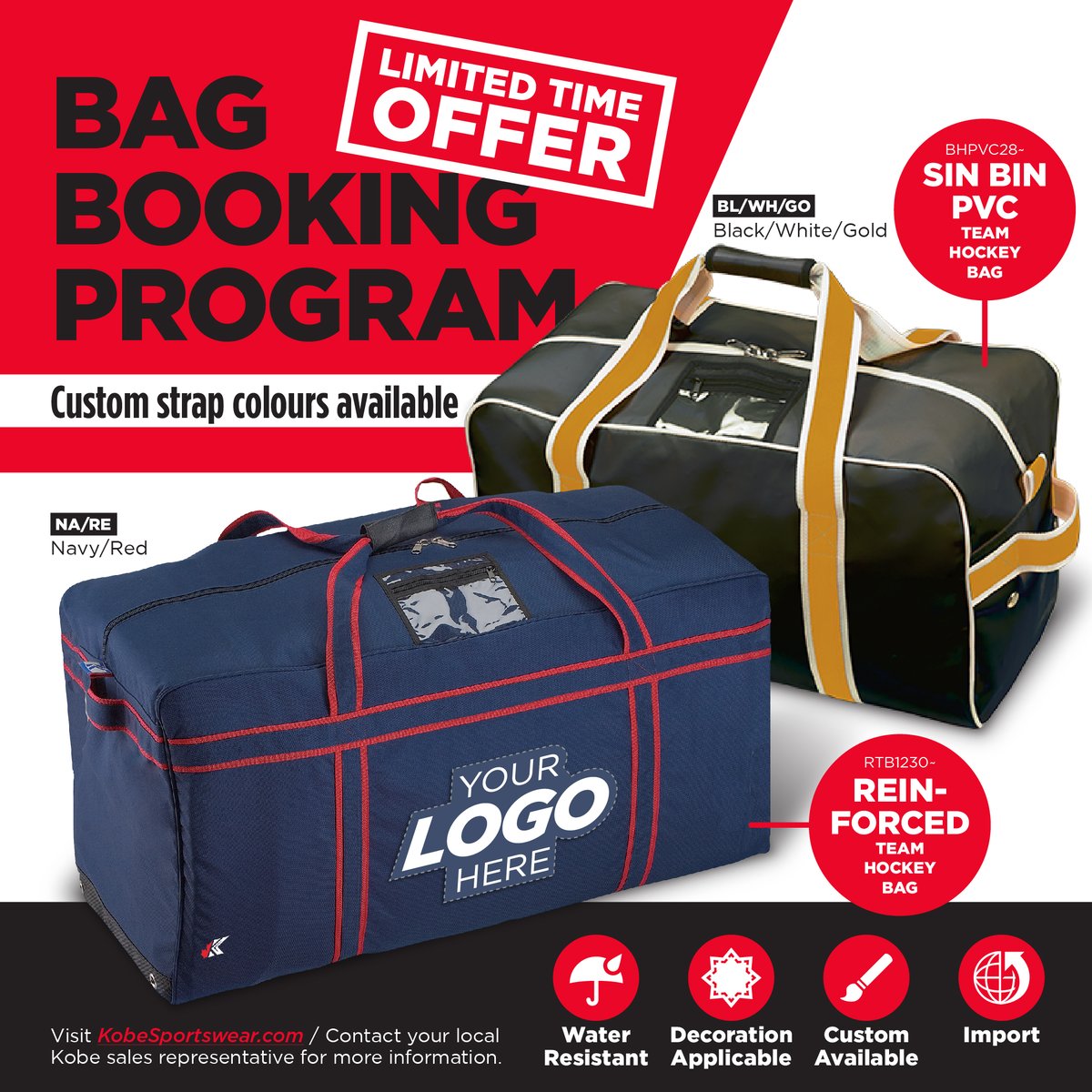 The Bag Booking Program is back!!

Take advantage of this limited time offer to save on both the price of the bag and decoration costs exclusive to this program. 

Contact your Kobe sales representative or click ⬇️ for more details!
kobesportswear.com/products/hocke…