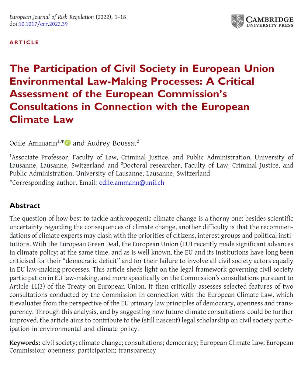 How does (&amp; should) civil society participation work in the context of climate lawmaking? This <a href="/EurJRR/">EJRR</a> piece, written w/ <a href="/AudreyBoussat/">Audrey Boussat</a>, analyzes the <a href="/EU_Commission/">European Commission</a>'s consultations on the Clean Planet for All Communication &amp; 2030 Climate Target Plan: bit.ly/3VE5RM9 1/4