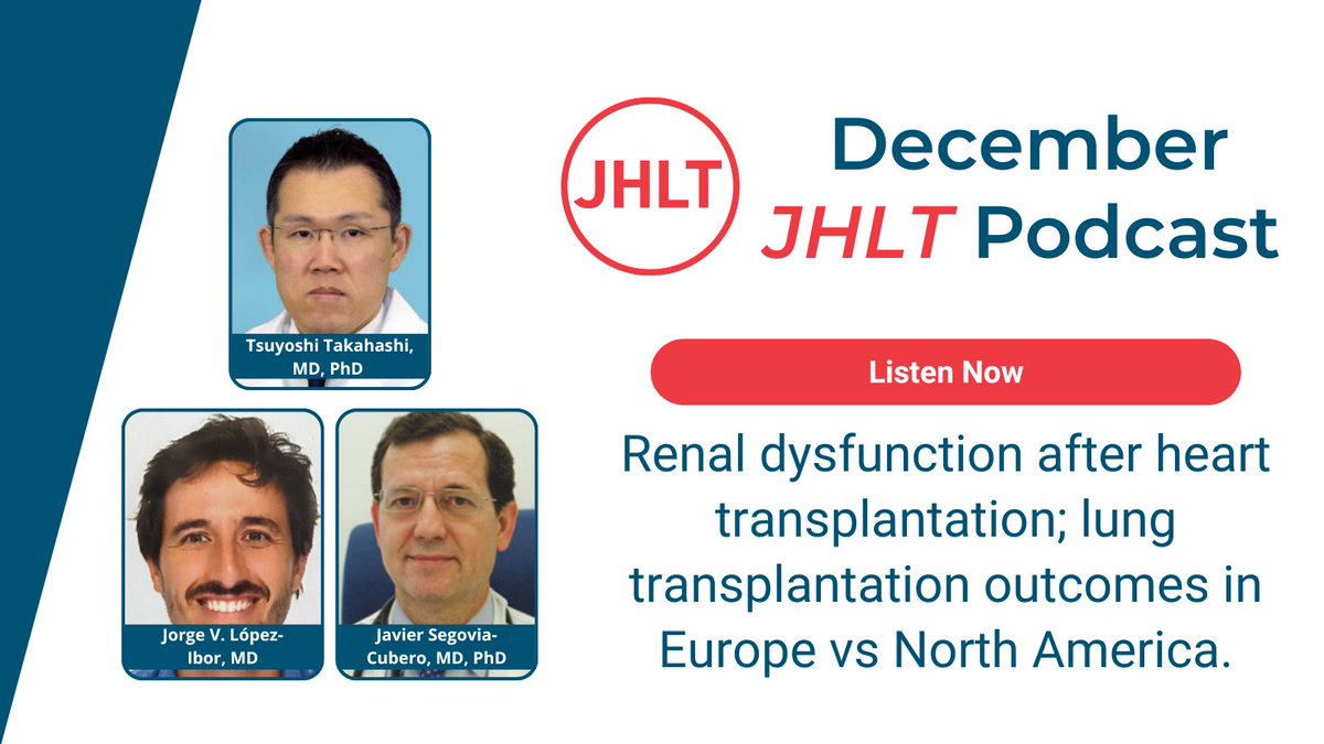 🫀🫁 A new #JHLTThePodcast is here! Drs. Jorge V. López-Ibor & Javier Segovia-Cubero @cardiopdh discuss renal dysfunction after #HeartTx, and Tsuyoshi Takahashi @WUSTL explores #LungTx outcomes in Europe vs North America. 
🎧Listen on your podcatcher or at thejhlt.libsyn.com/episode-24-dec…