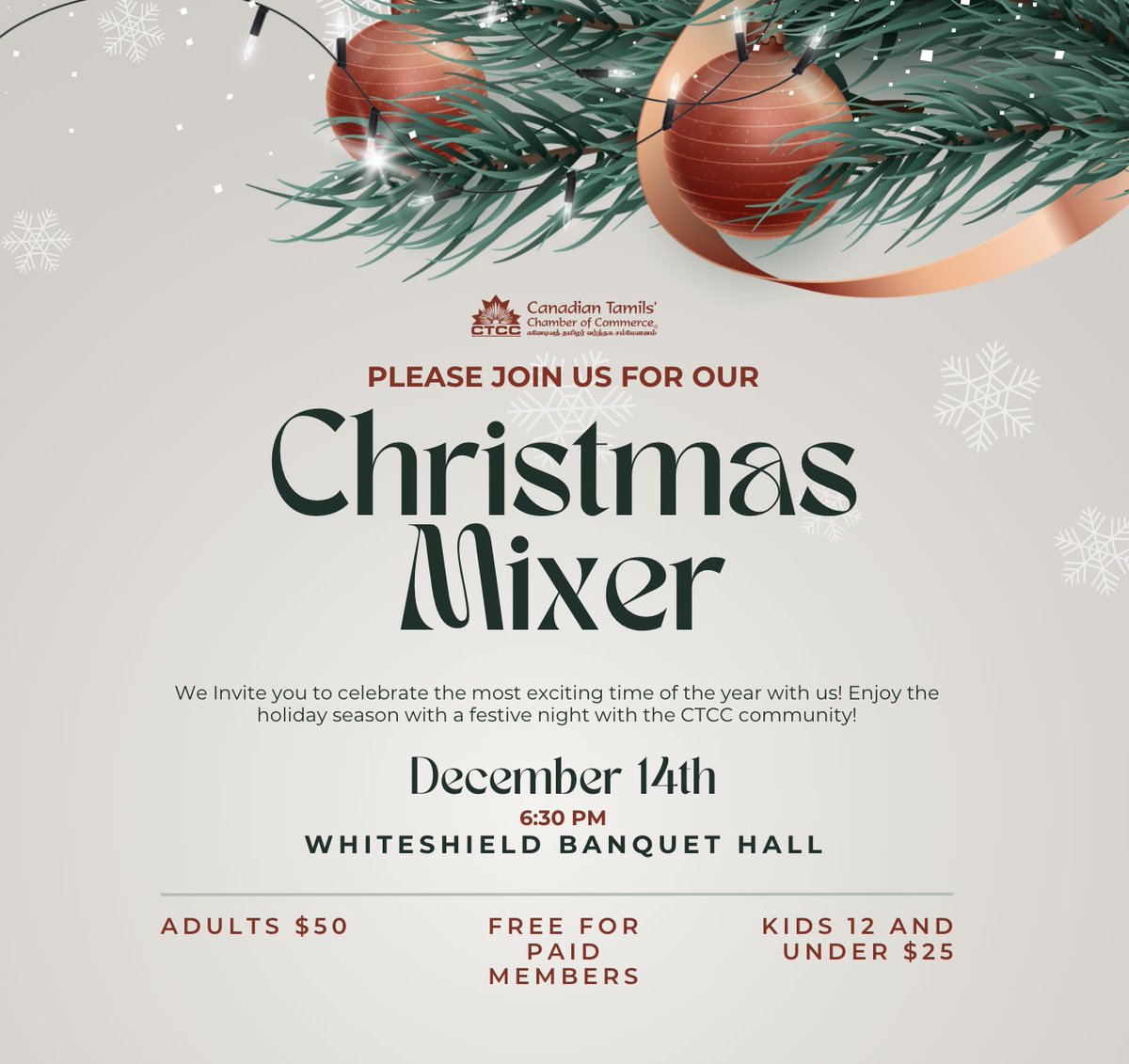 #CTCC is hosting a #ChristmasMixer! 

RSVP NOW: linktr.ee/cantamilchamber

#CanTamilChamber #HolidaySeason #HolidayMixer #HolidayEvent #ChristmasEvent #TamilBusinesses #MarkhamEvents #Christmas2022 #2022HolidayEvent #TamilEvent #NewYear #HolidayFun #CTCCChristmasMixer #FestiveEvent