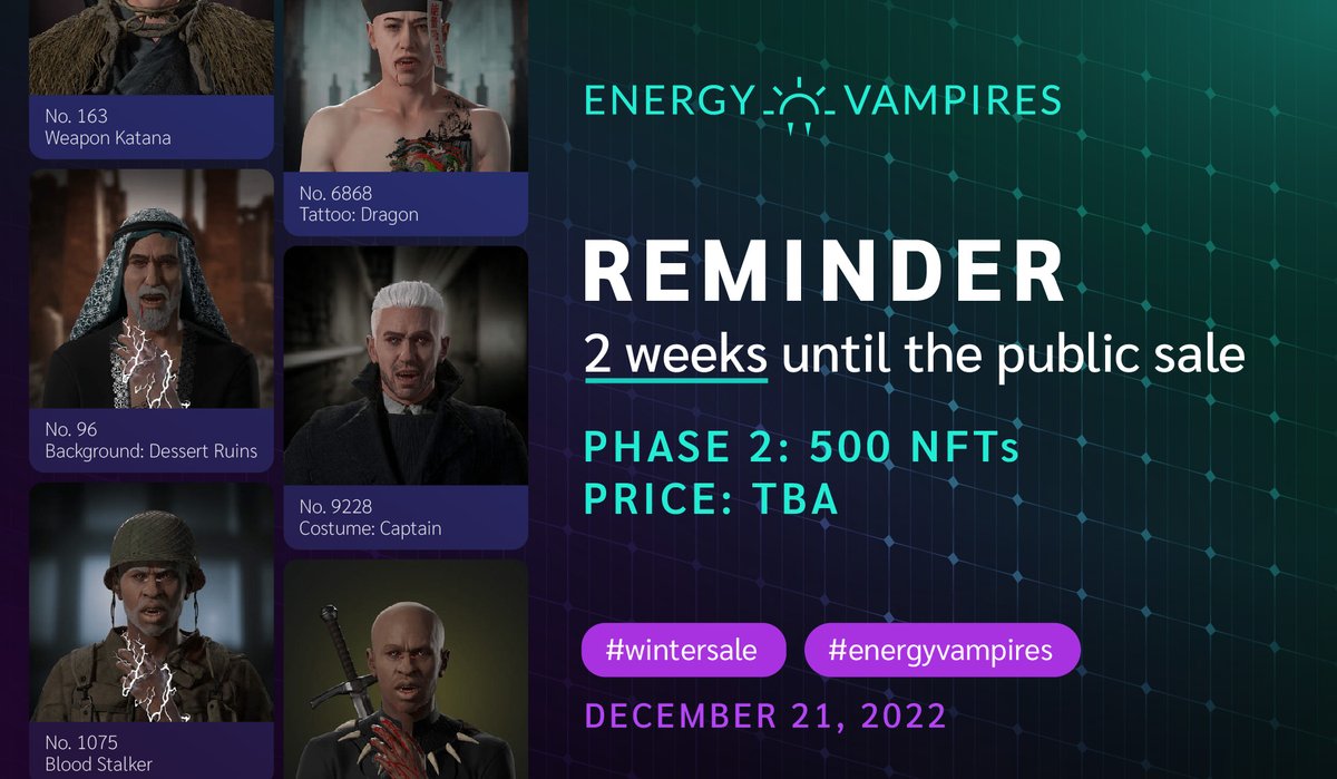 Reminder : 2 Weeks Until the Public Sale 🔋

📌Phase 2 : 500 NFTs

📅 Date : December 21, 2022 

💵 Price : TBA

Join our Discord for more information : discord.gg/BT42SEbsYW

#NFTshill #NFT #GreenEnergy #Sales #UtilityNFT #nftart