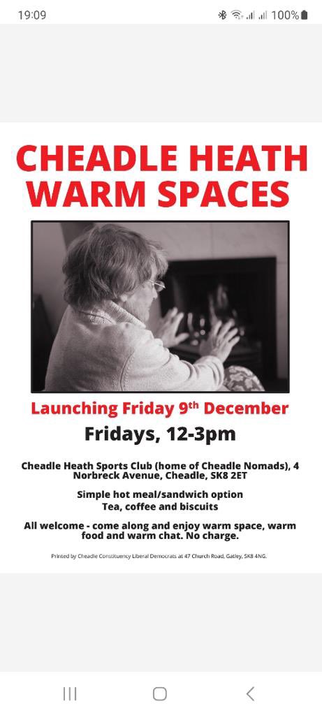 Come and join us this Friday as we launch our new warm space initiative in the local community <a href="/CheadleNomads/">Cheadle Heath Nomads</a>