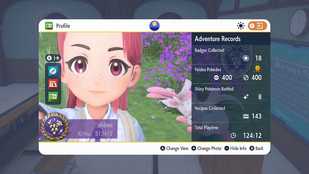 _ahbeee_'s tweet photo. after a total of 124.12 hours of in-game play time, i have not only completed the dex in #PokemonViolet , i have also completed a FULL living dex. 
from the story(s) to discovering the new pokemon, i enjoyed this game way too much 🫶🏻
thank you #GameFreak 🫶🏻 https://t.co/TLnBA2kjJI