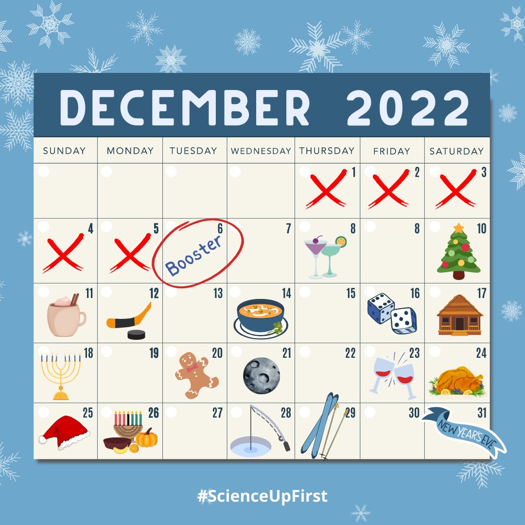 Be ready, get boosted! December is a social month. Getting your booster is a great way to prepare for holiday gatherings and to protect the most vulnerable members of your group. #ScienceUpFirst 🧵[1/3]