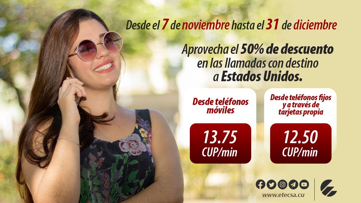 Hasta el  🗓  31 de diciembre de 2022, las llamadas  📞 de Larga Distancia Internacional con destino a Estados Unidos tendrán un descuento 🏷  del 50%.
Conozca más en 
etecsa.cu/es/promocion/l…