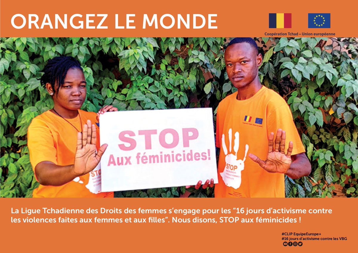 UEauTchad's tweet photo. ORANGEZ LE MONDE !
L'UE au Tchad et les organisations de la société civil tchadiennes disent ensembles STOP AUX FÉMINICIDES ET STOP À LA VIOLENCE DOMESTIQUE !
#CLIPEquipeEurope #16joursdactivismecontrelesVBG @fondazioneacra https://t.co/pHIJFvkoLp