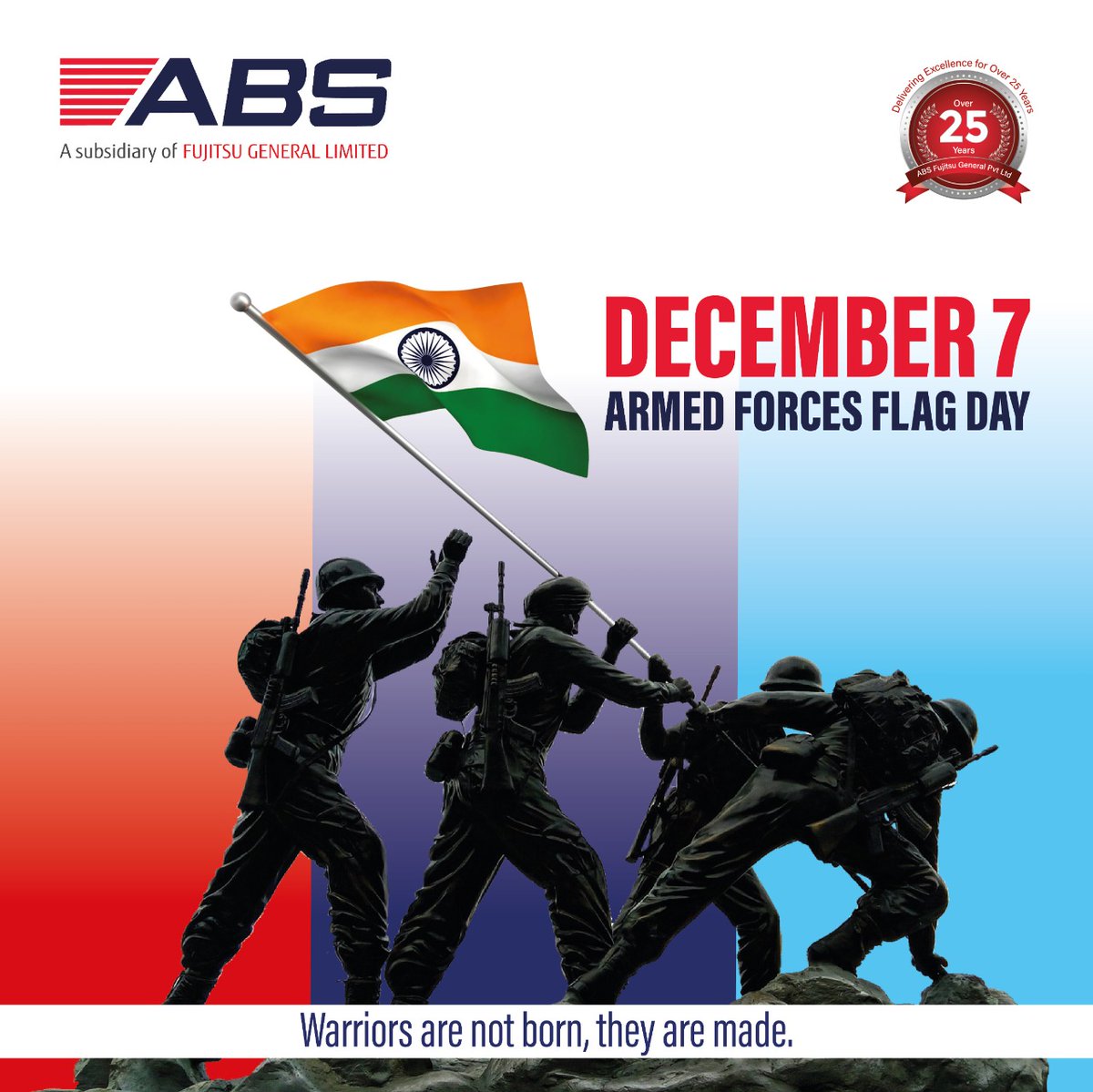 AbsFujitsugen's tweet image. Armed Forces Flag Day is celebrated for the active participation of Indians in support of the Armed forces. 
ABS Fujitsu proudly wishes everyone a very happy Armed Forces Flag Day.

#absfujitsugeneral #armedforcesflagday #armedforcesday2022 #armedforces #indianarmy #flagday