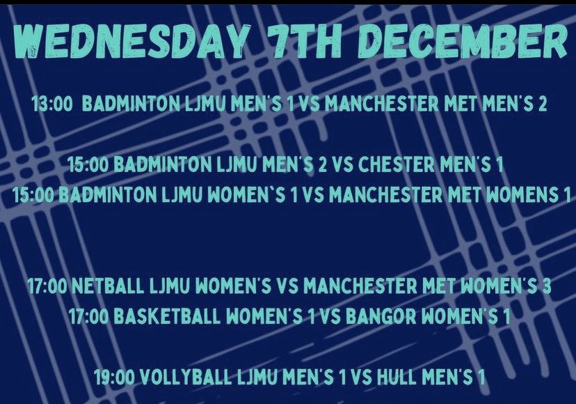 Hi everyone!

Welcome to the LJMU Sport Business Twitter Takeover here at the LJMU Sports Centre!

Stay tuned for live updates of this afternoon’s exciting fixtures!

All tweets as part of the Takeover will be signed off with the initials HO or SM.