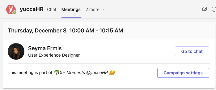 yuccaHR's tweet photo. The Meetings tab is now available in our Microsoft Teams app! An easy overview of all your upcoming and past meetings 👋 https://t.co/bbnajp9RXz