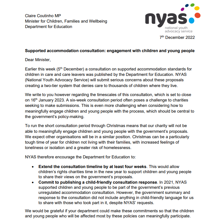 JenDownieUK's tweet photo. The Department for Education is consulting on supported accommodation for children in care, but hasn't left enough time for children and young people to meaningfully participate.

@NYASServices is asking the Children's Minister for more time so children can be heard. Please RT 👇 https://t.co/GUiX7I8prY