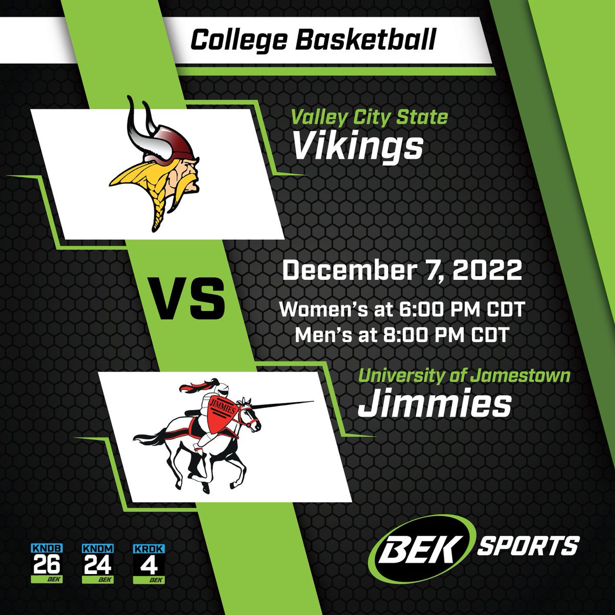 COLLEGE BASKETBALL
🏀Valley City State vs University of Jamestown on BEK Sports  
⏰December 7th, WOMEN'S @ 6:00 pm - MEN'S @ 8:00 pm  
📺Stream everywhere on the EPIC App:bek.news/bek-play (Subscribe and get all the BEK channels, all season!)
#BEK #BEKSports #BEKPlay
