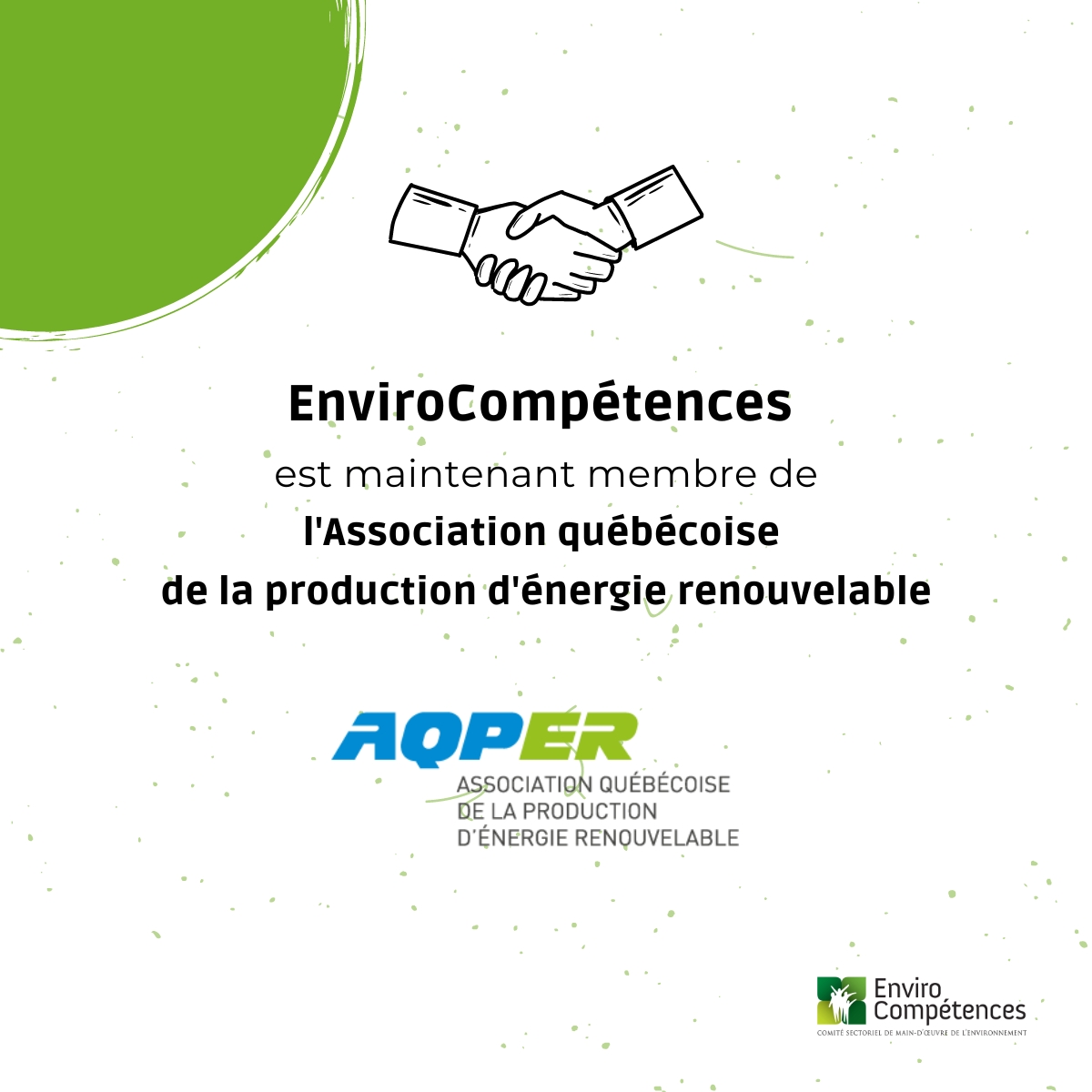 Enviro_Com's tweet photo. EnviroCompétences est heureux de rejoindre les membres de l'association Québécoise de la production d'énergie renouvelable. 🤝

De plus, son directeur général M. Gabriel Durany siègera sur notre Conseil d'Administration. 
Bienvenue Moniseur Durany !!! https://t.co/GEgaE4idah