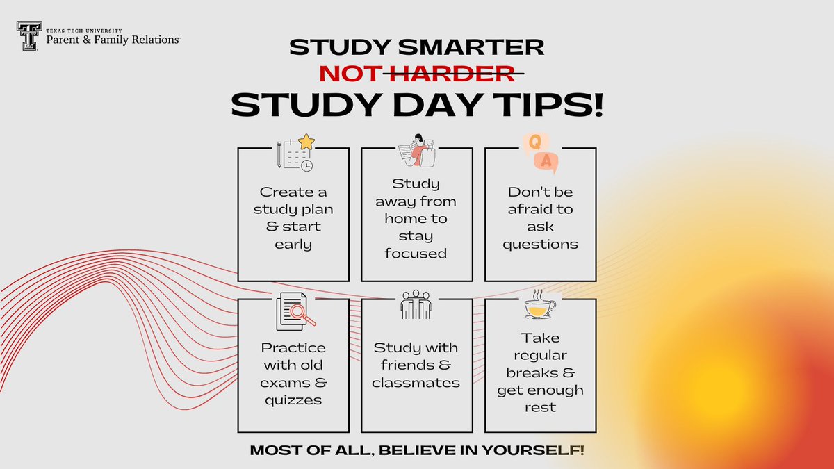 TTUPFR's tweet photo. Remind your Red Raider of these study tips as they are preparing for finals! https://t.co/s0yAoEztET