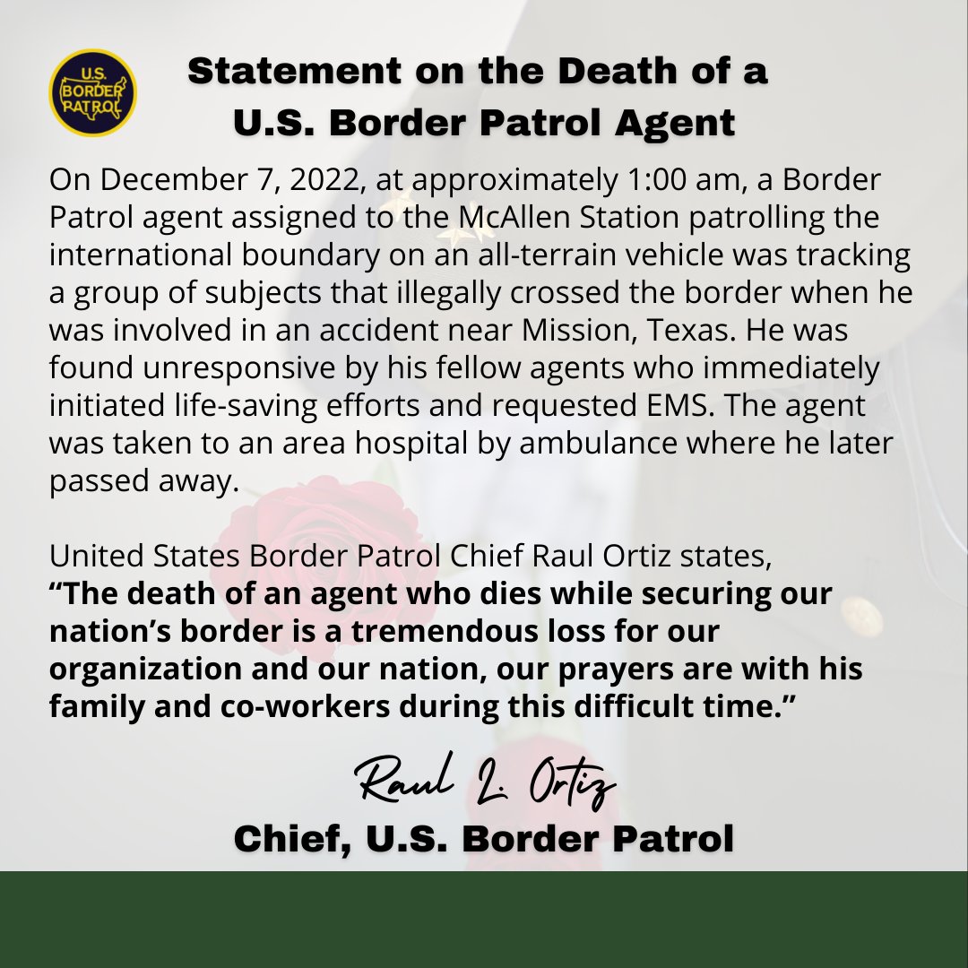 Please join me in praying for the family and loved ones of the Border Patrol Agent who lost his life in service to our nation today. 

We must all remember to honor the sacrifices our brave men and women have made to help keep our communities safe in these challenging times. 