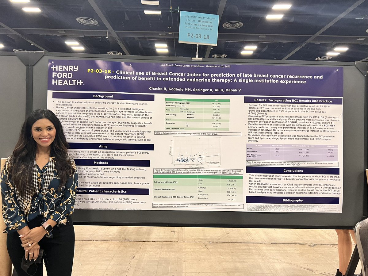 ✅ Poster presentation on our retrospective study looking at how BCI is incorporated into decision on extended endo tx. Punch line: Clinical decisions are concordant with #BCI results, it’s a useful clinical tool in this setting 💫 📝 #sabcs #henryfordhealth <a href="/HFHemOncFellows/">Henry Ford Hematology/Oncology Fellowship</a>