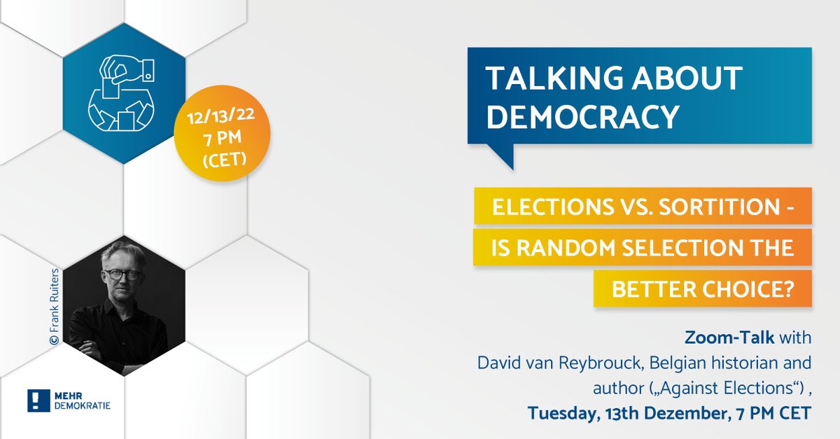 Bürgerrat (english) (@buergerrat_en) on Twitter photo #Elections vs. #sortition - is random selection the better choice? <a href="/Volksentscheid/">Mehr Demokratie e.V.</a> online event with sortition expert <a href="/Davidvanrey/">David Van Reybrouck</a> (<a href="/G1000org/">G1000</a> & @DemNext_) on 13 December at 7pm CET.
Info & registration: mehr-demokratie.de/service-beratu… #Elections vs. #sortition - is random selection the better choice? <a href="/Volksentscheid/">Mehr Demokratie e.V.</a> online event with sortition expert <a href="/Davidvanrey/">David Van Reybrouck</a> (<a href="/G1000org/">G1000</a> & @DemNext_) on 13 December at 7pm CET.
Info & registration: mehr-demokratie.de/service-beratu…