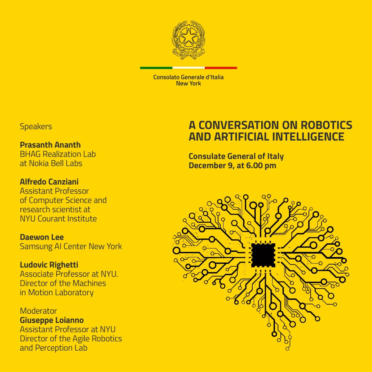 A conversation on robotics and artificial intelligence, Friday December 9 at 6.00 pm at #ParkAve690. If you want to participate please write an e-mail at rsvp.newyork@esteri.it. First come, first serve! #artificialintelligence #robotics #innovation <a href="/loiannog/">Giuseppe Loianno</a>