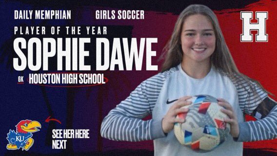 CONGRATS SOPHIE DAWE!!

SHE IS THE GIRLS SOCCER PLAYER OF THE YEAR FOR THE DAILY MEMPHIAN!!

She Had 16 Shutouts This Year For Our Team That Finished State Runner-Up!
#DoTheWork
#BeElite
#WeAreHouston