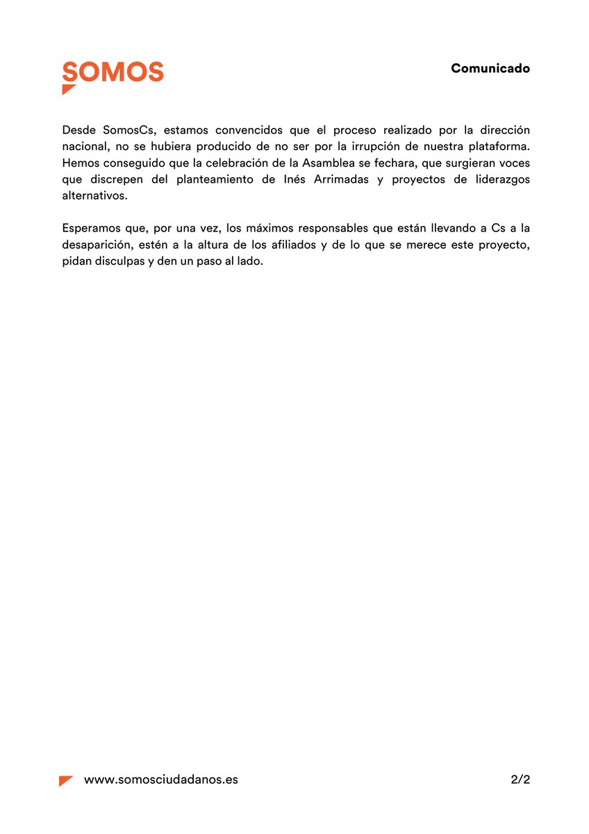 Somos_Cs's tweet photo. 🔴Lamentamos la imagen bochornosa que están dando los dirigentes de @CiudadanosCs. 

Esperamos que los máximos responsables que están llevando a Cs a la desaparición, estén a la altura de los afiliados y de lo que se merece este proyecto, pidan disculpas y den un paso al lado. https://t.co/PuVQqI8gTq