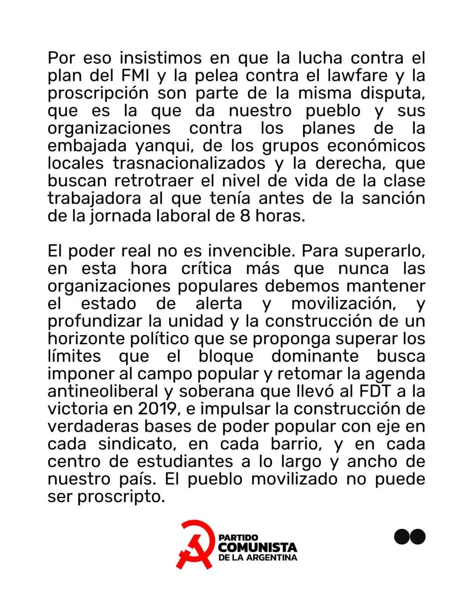 pcvlopez's tweet photo. 📣 EL PUEBLO MOVILIZADO NO PUEDE SER PROSCRIPTO: ENFRENTEMOS EL LAWFARE Y EL FMI

Desde el PC repudiamos categóricamente la condena proscriptiva contra Cristina Fernández de Kirchner. https://t.co/D3d2CXM6pv