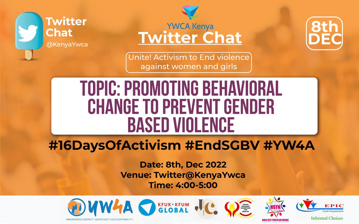 Gender-based violence is influenced by various factors at the household, community &amp; societal level.

Join us tomorrow 8𝖙𝖍 𝕯𝖊𝖈 at⌚️4:00𝓟𝓜 EAT as we engage in a #TwitterChat to establish how behavior change can prevent GBV.

#EndSGBV #16DaysOfActivism #YW4A