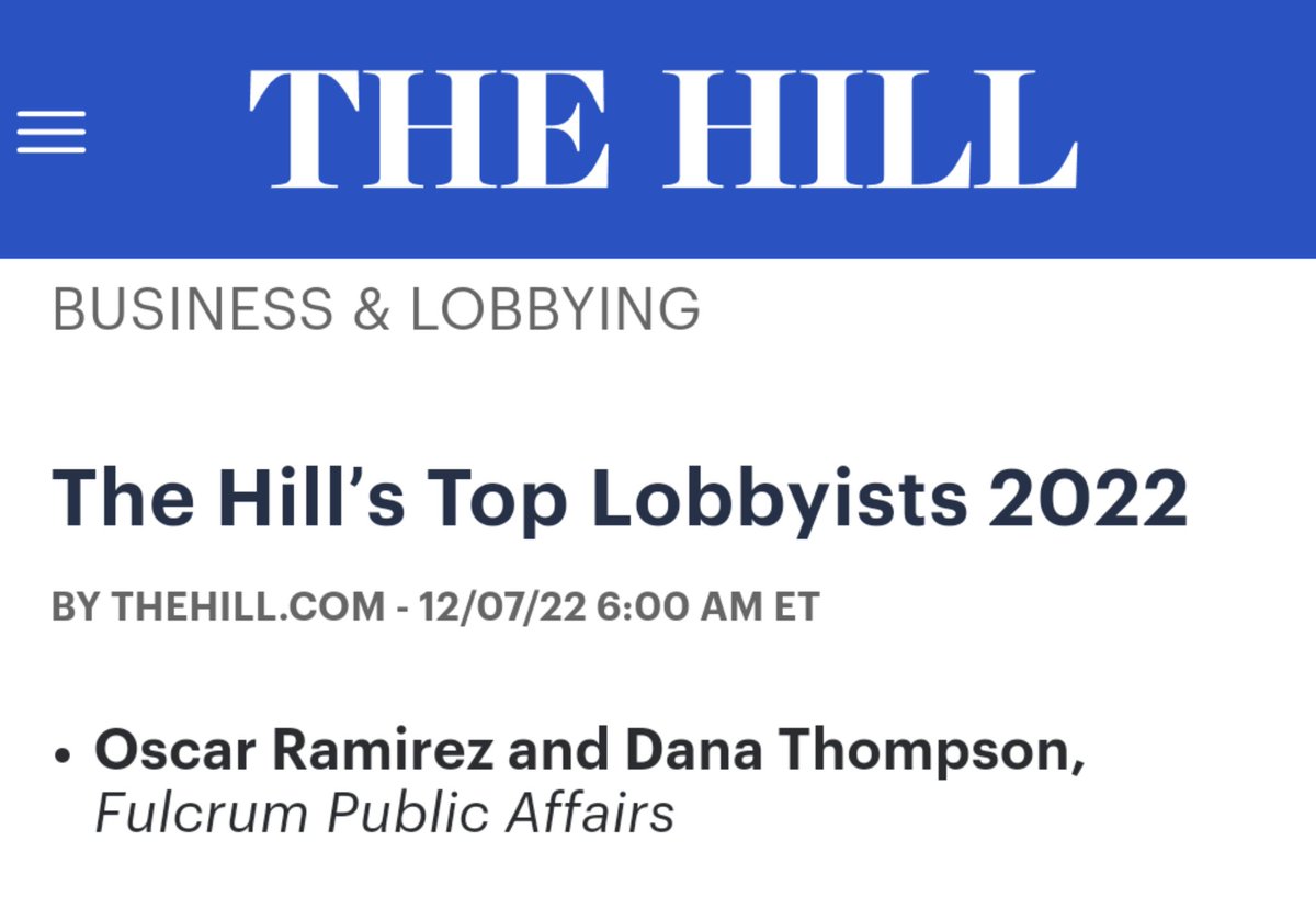 Fulcrum_DC's tweet photo. Proud to have our cofounders @djthom01 and @OscarTRamirez named once again as two of @thehill's Top Lobbyists! https://t.co/ZaOzHV3Nj8