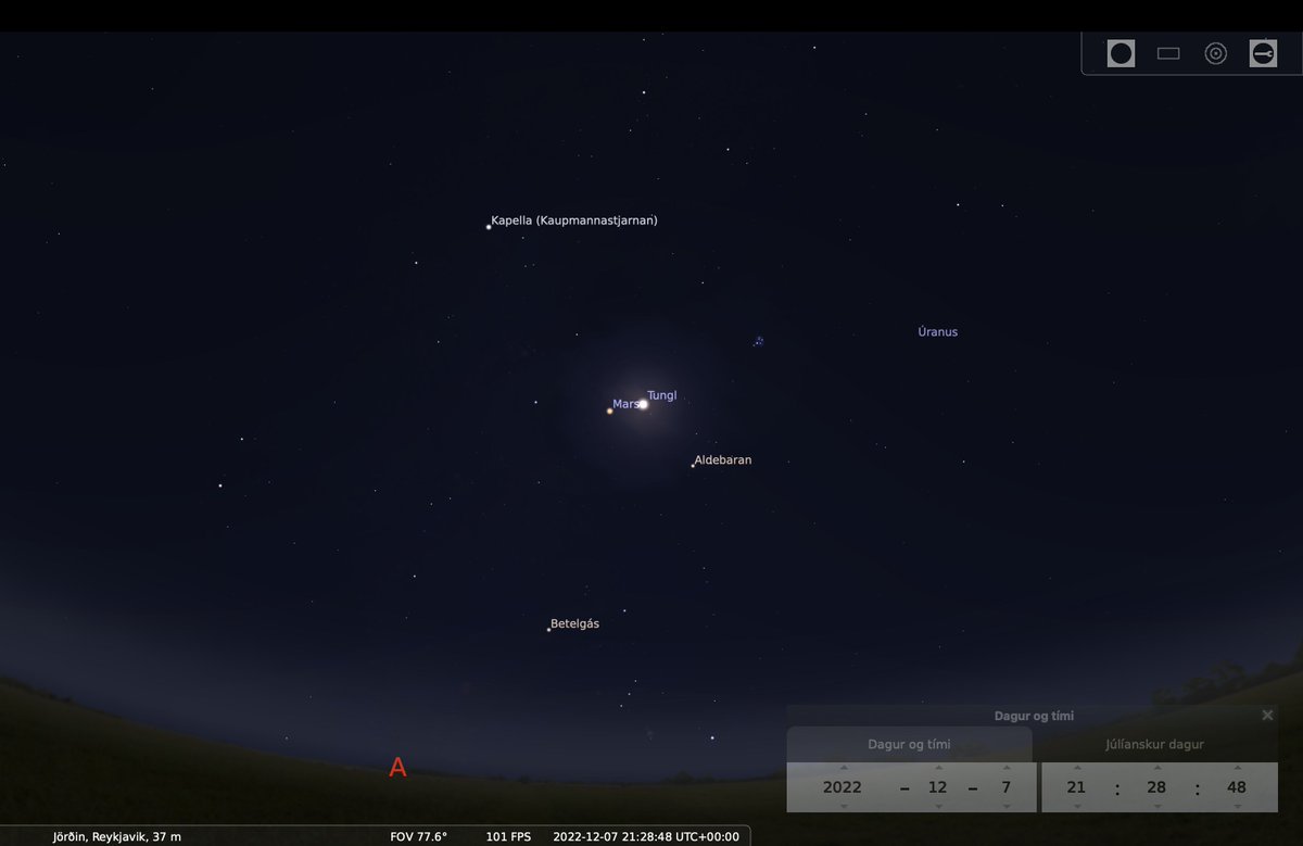 Í kvöld eiga tunglið og Mars svo náið stefnumót að rauða plánetan hverfur á bak við tunglið. Nátthrafnar og árrisulir geta fylgst með myrkvanum sem hefst um klukkan 04:30 í fyrramálið og stendur yfir í klst. Tvíeykið verður því mjög þétt saman í fyrramálið. Horfið til himins!  🔭
