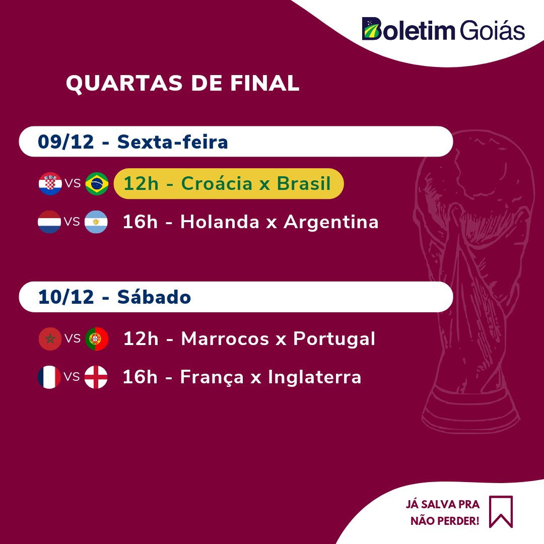 BoletimGoias's tweet photo. ⚽️ Calendário dos jogos das quartas de final da Copa do Mundo Fifa Catar 2022

#BoletimGoias #CopaDoMundo2022 #Catar #Brasil #Hexa https://t.co/RKDUhKq57I