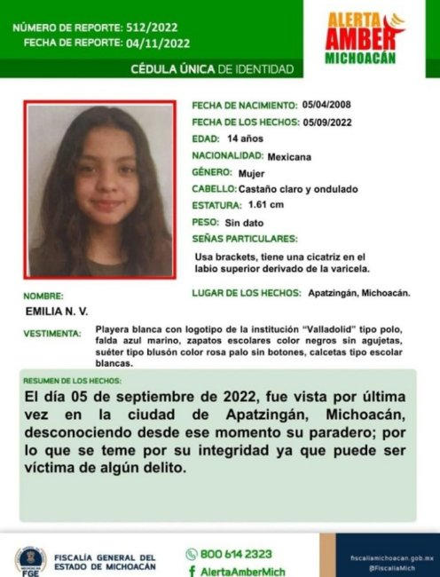 guerrerochipres's tweet photo. Solicitamos su ayuda para localizar a EMILIA N. V. de 14 años. Se le vio por última vez el 05 de septiembre de 2022 en la Ciudad de #Apatzingán, @GobMichoacan FAVOR DE DIFUNDIR https://t.co/W0pal5LBsC
