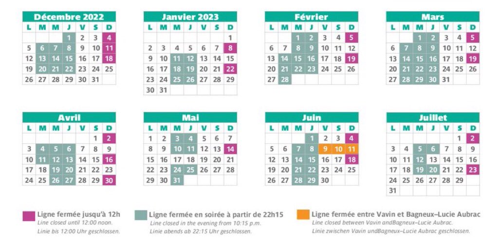 [#travaux #ligne4] Dans le cadre de sa modernisation, votre ligne est fermée en 2022 :
➡️ du mardi au jeudi dès 22h15, jusqu'au 22/12
➡️ le dimanche jusqu'à midi, jusqu'au 18/12
⚠️ En 2023, les travaux continuent en semaine et le week-end. #RATP