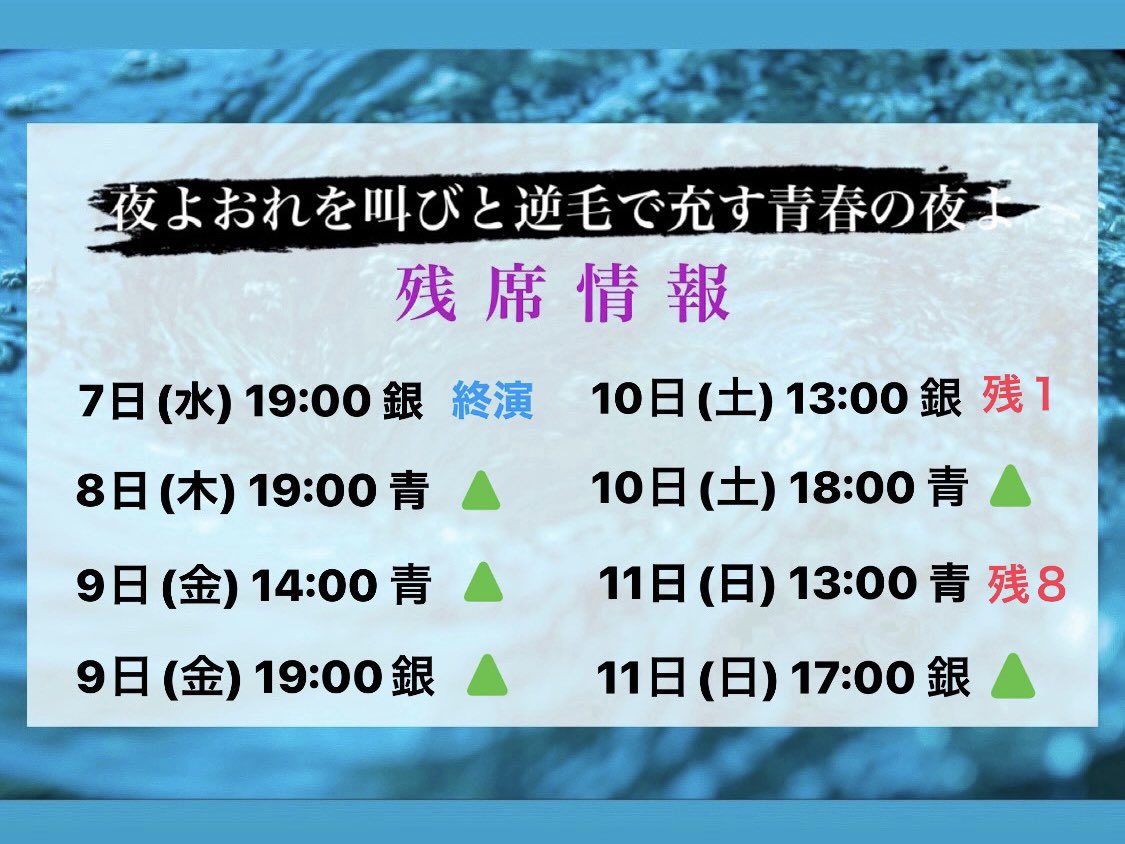 #夜おれ

12/7(水)22:00時点での残席数です！
残り少ない回もございます🙇‍♀️💦
ご予約はお早めに🙌

皆様のご来場、
併せて配信チケットのお申し込みもお待ちしております😌

【会場観覧チケット】
s.confetti-web.com/detail.php?tid…

【配信チケット】
s.confetti-web.com/detail.php?tid…