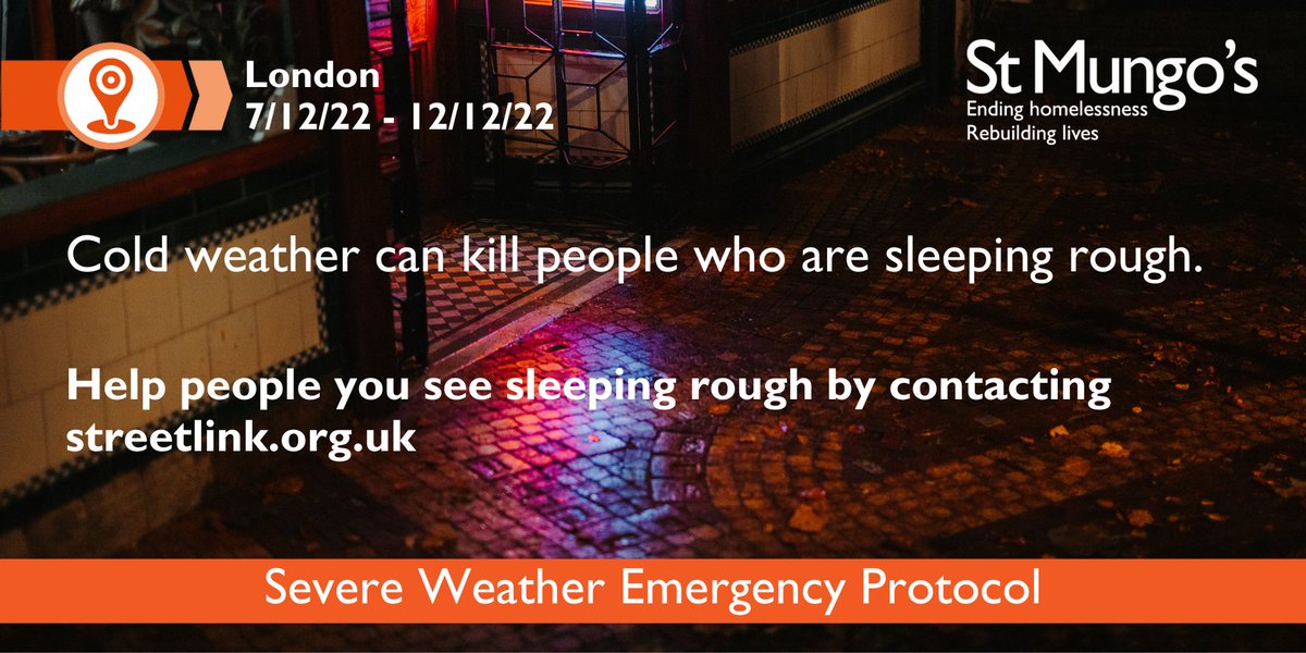 With temperatures set to drop below 0°C, the Severe Weather Emergency Protocol (SWEP) has been activated in London to provide additional support to people rough sleeping in the area. 
If you’re concerned about someone sleeping rough, contact <a href="/Tell_StreetLink/">StreetLink</a> #homelessness
