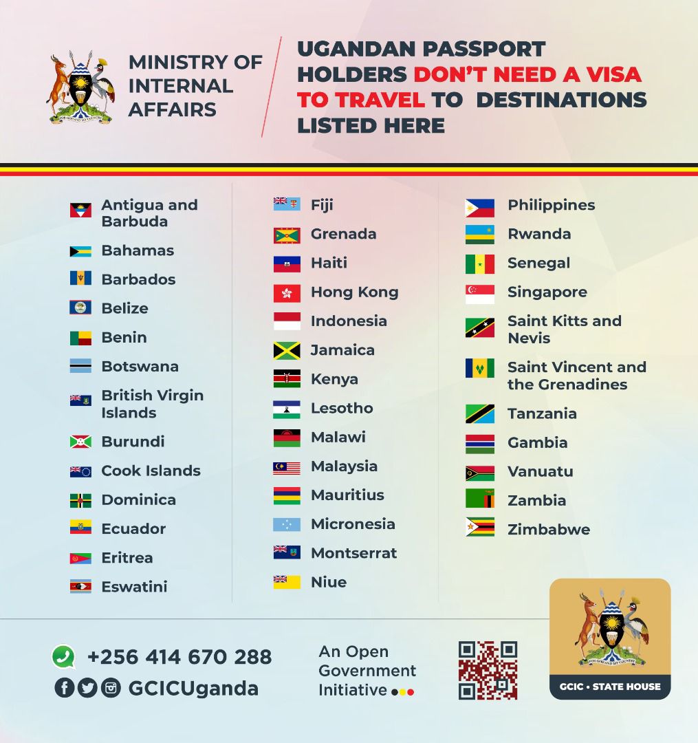 NOTE: Anyone that has a Ugandan passport doesn't need a Visa to travel to these countries.
The number of visa free destinations accessible with a Uganda passport is 64.