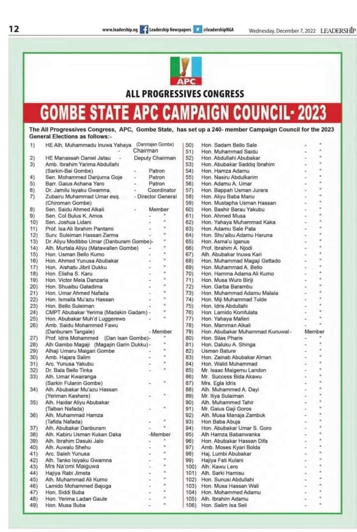 APCGOMBE's tweet photo. @GovernorInuwa is the chairman of our campaign Council for 2023 general elections. Others include @mdgoje1, The Deputy Governor Dr. Manassah, all national assembly members,Commissioners and other great sons and daughters of Gombe State. https://t.co/zCTzulsE2J