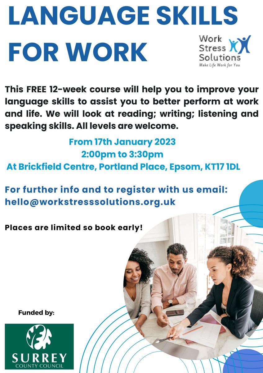 WSS_Surrey's tweet photo. We have a FREE 12-week course to help with your English language skills.

Starting 17th January from 2pm to 3.30pm

The Brickfield Centre
Portland Place,
Epsom, KT17 1DL

Email us to register: hello@workstresssolutions.org.uk

#EnglishLanguage
#LearnEnglish
#GetWorkReady https://t.co/Wc5frhjEMU