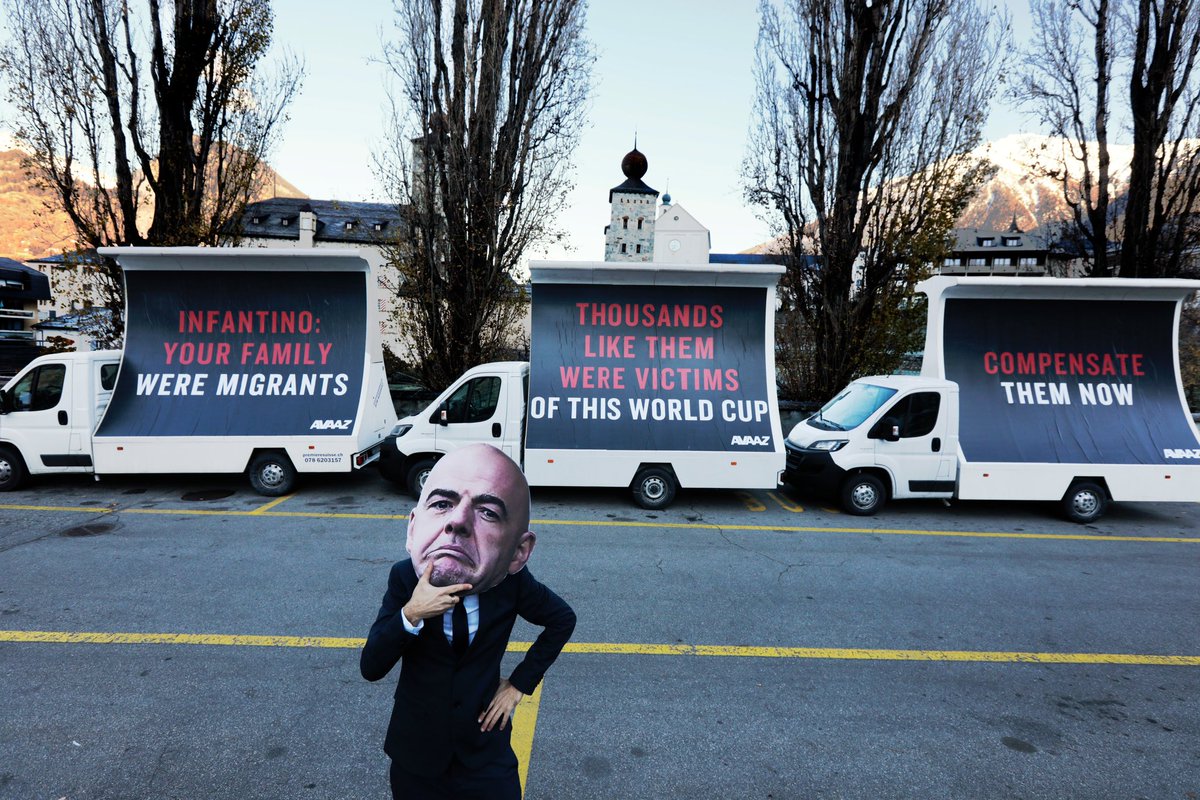 Avaaz's tweet photo. President of @FIFAcom, Gianni Infantino likes to remind us that his family were migrant workers - so we came to his hometown of Brig in Switzerland with a simple message:Compensate the victims who suffered and died to make #FIFAWorldCup happen #MakeInfantinoPay https://t.co/Oa3tugkcUm