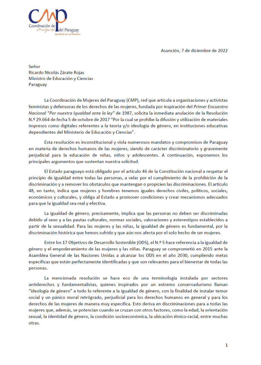 CmpParaguay's tweet photo. La Coordinación de Mujeres del Paraguay (CMP) solicita al Ministerio de Educación y Ciencias (MEC) la inmediata anulación de la Resolución Nº 29.664.
Nos unimos así a la acción de @feiparpy y de numerosas organizaciones de la sociedad civil. https://t.co/NLW8fkdRjN