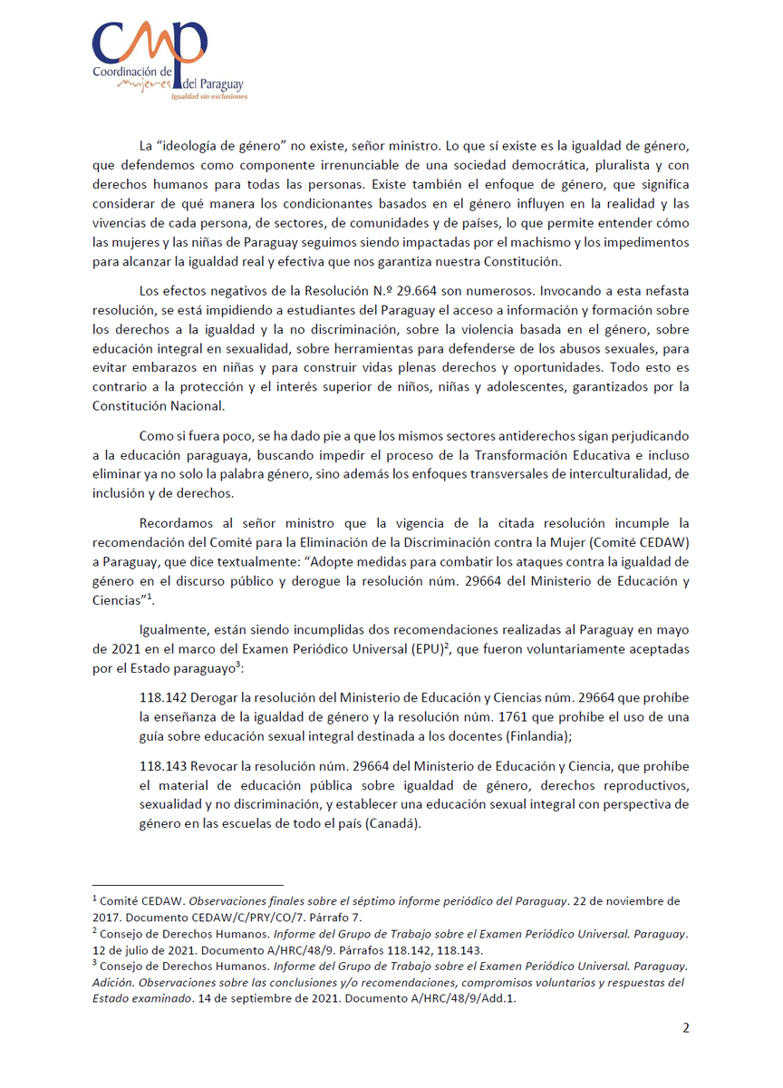 CmpParaguay's tweet photo. La Coordinación de Mujeres del Paraguay (CMP) solicita al Ministerio de Educación y Ciencias (MEC) la inmediata anulación de la Resolución Nº 29.664.
Nos unimos así a la acción de @feiparpy y de numerosas organizaciones de la sociedad civil. https://t.co/NLW8fkdRjN