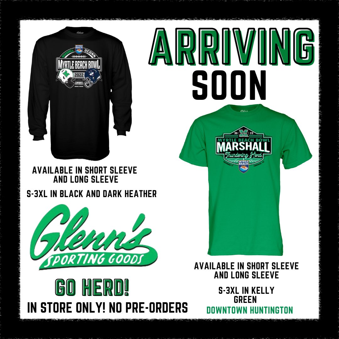 Hey Herd Friends 👋🏻 Who’s ready to go bowling? 🎳 We will have bowl game shirts SOON! Here’s a sneak peek of what we will have! Keep an eye on our socials to be first to know when they hit the floor 🤘🏻💚 #shopglenns #goherd #wearemarshall #myrtlebeachbowl #herdfootball