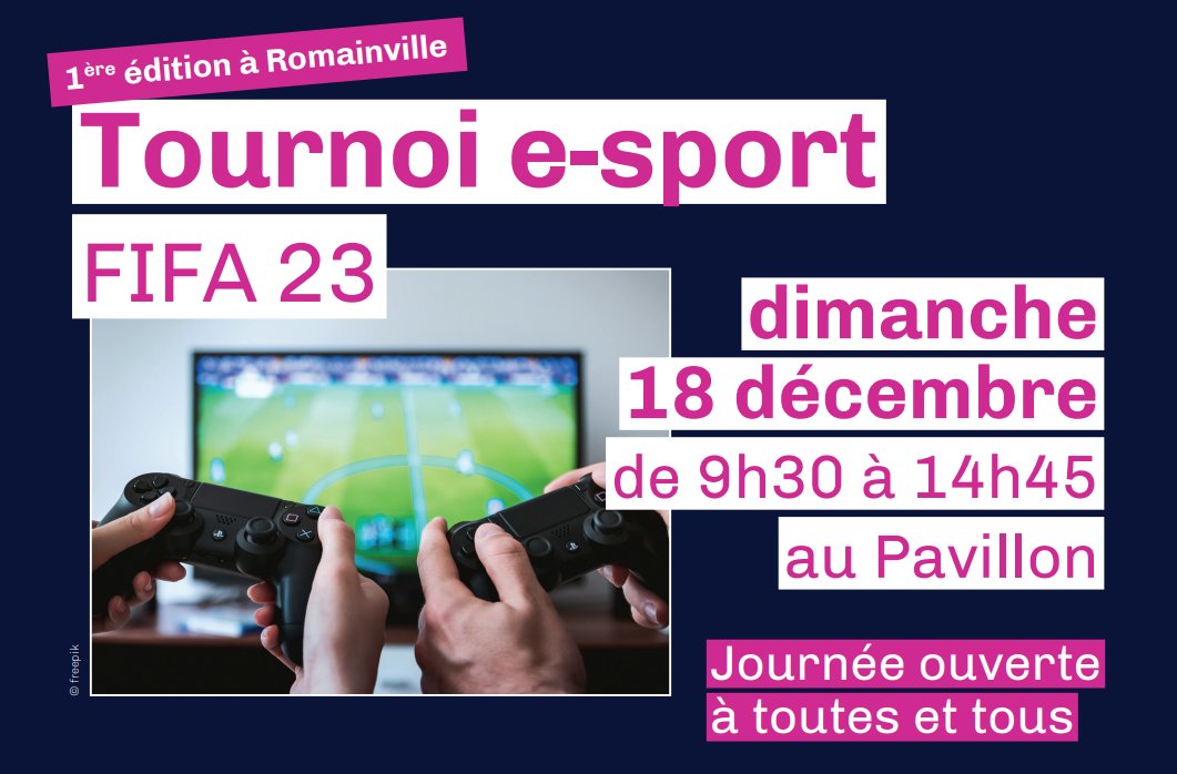 Tournoi #esport | Compétition sur #Fifa23, jeux en réalité augmentée, bornes d’arcades…Romainville passe en mode #gaming le 18 décembre🎮 Plus d’infos 👉 bit.ly/3F9YViG