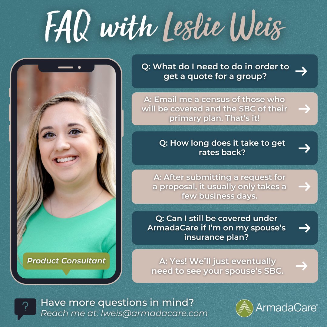 ArmadaSolutions's tweet photo. You asked ❓ and our product experts are always here to deliver ❗

Leslie Weis answers some common questions about our supplemental health insurance plans. Contact her with any further questions or even get a quote!

#FAQs #SupplementalInsurance #ArmadaCare https://t.co/5hfVhFESeG