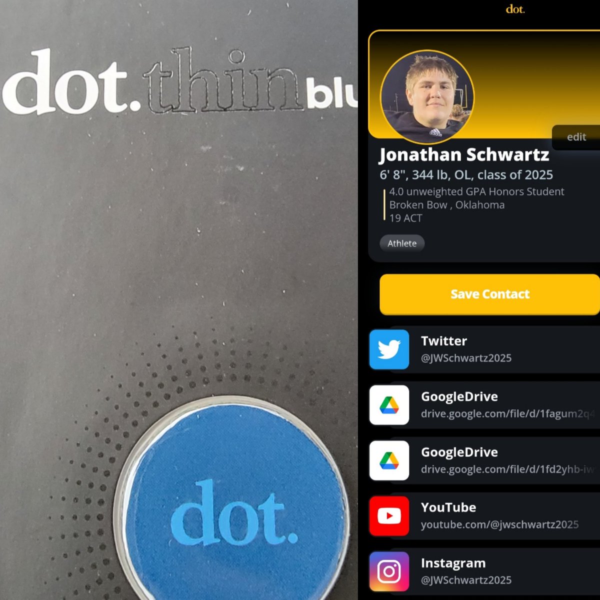 JWSchwartz2025's tweet photo. My parents got this for me to make it easy to give people my football, school, and media info. It's really cool!
#dotcard
#dotthin https://t.co/tt6f938yBT