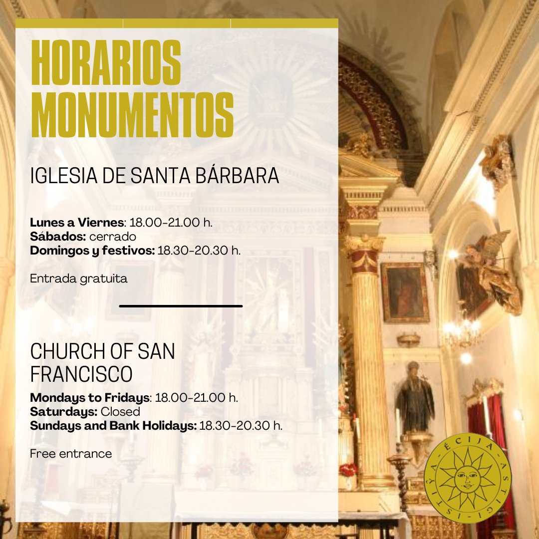 Buenos días🥰¿Quieres visitar la Iglesia de Santa Bárbara?
👉 Fue construida entre 1787 y 1855 como un edificio de estilo neoclásico. 

Conoce su horario y el de resto de nuestros monumentos 👇📲
turismoecija.com/guias-y-horari…

#ÉcijaesTurismo