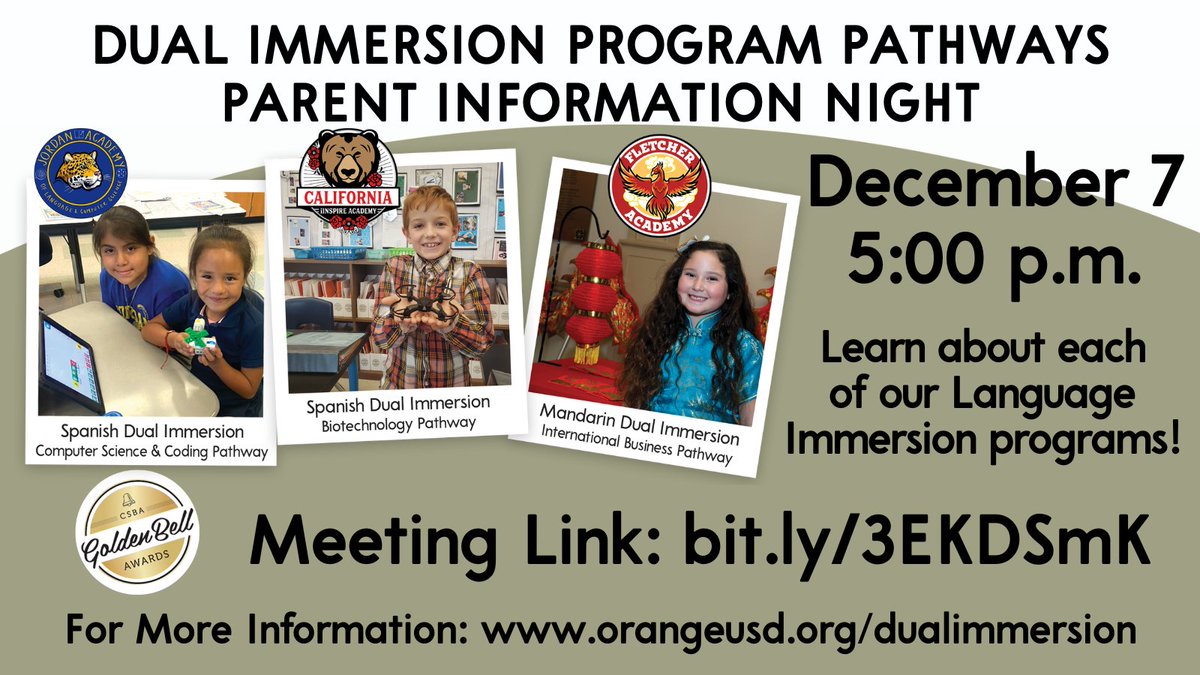 Tonight! Interested in a Dual Immersion Language education for your student? Join us for our Dual Immersion Information Virtual Meeting on Wednesday, December 7 at 5:00 PM.  
Link to Meeting: bit.ly/3EKDSmK
Visit orangeusd.org/dualimmersion