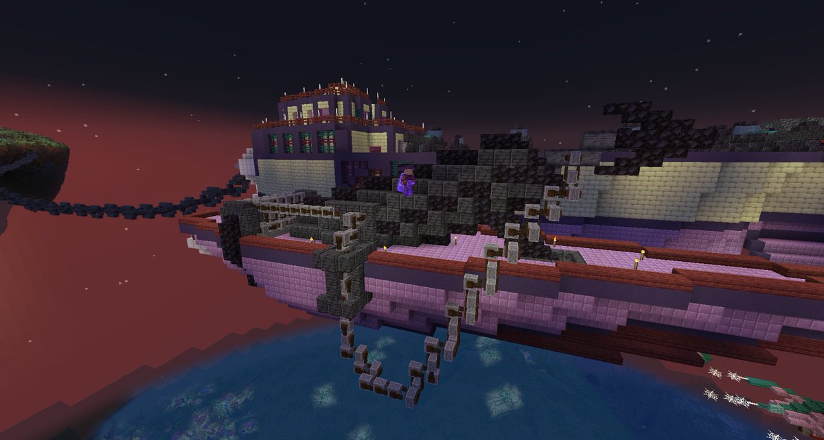 MuffinsOfApathy's tweet photo. Had a great stream today! Huge progress on the ship, opened the hangar bay, got our bomber squadron, twin-cannons, turrets and one of the harpoon cannons in too! Then off to steal @KyleKraft_'s build... >:D, ended off the stream raiding Oakdew_! #Minecraftbuilds #CrossroadsSMP https://t.co/F8aIaqgjLI