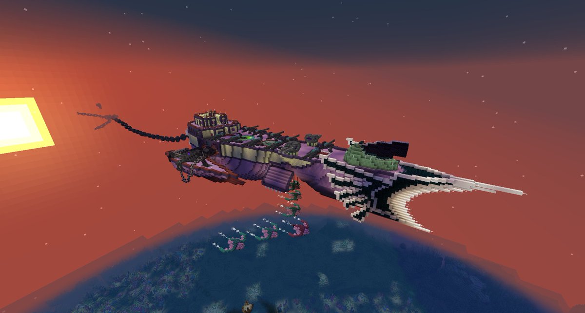 MuffinsOfApathy's tweet photo. Had a great stream today! Huge progress on the ship, opened the hangar bay, got our bomber squadron, twin-cannons, turrets and one of the harpoon cannons in too! Then off to steal @KyleKraft_'s build... >:D, ended off the stream raiding Oakdew_! #Minecraftbuilds #CrossroadsSMP https://t.co/F8aIaqgjLI