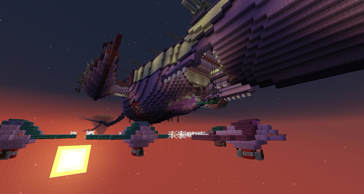 MuffinsOfApathy's tweet photo. Had a great stream today! Huge progress on the ship, opened the hangar bay, got our bomber squadron, twin-cannons, turrets and one of the harpoon cannons in too! Then off to steal @KyleKraft_'s build... >:D, ended off the stream raiding Oakdew_! #Minecraftbuilds #CrossroadsSMP https://t.co/F8aIaqgjLI